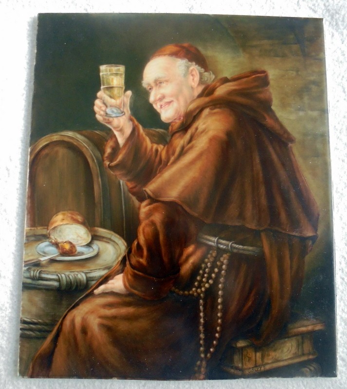 Large painting picture plate porcelain plaque monk in wine cellar sign Schey F.
