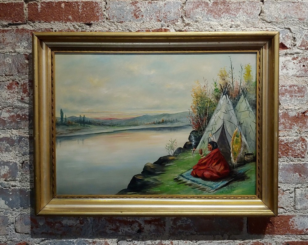 C. Faunce – Native American Smoking his Pipe by a Lake -Oil painting – c.1910s