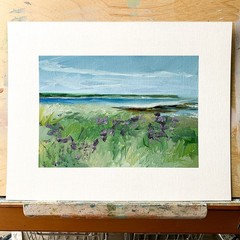 8×10 Maine Original Oil Painting Seascape Lupines Coastal New England Art Signed