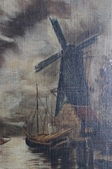 ANTIQUE FOLK ART OIL PAINTING VILLAGE BRIDGE RIVER SNOW WINTER LANDSCAPE PEOPLE
