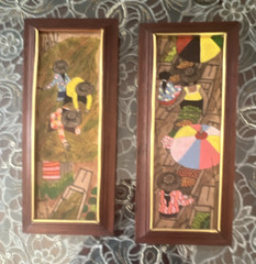 Folk Art Diptych Painting Set of 2 Framed People Figures With Umbrellas