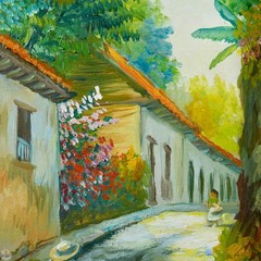 Vintage Original Impressionist Oil on Canvas „Sunlit Colonial Village Street“