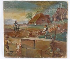 Signed 1934 Children’s Fairy Tale Illustration 10×12 Antique Oil Painting Folk