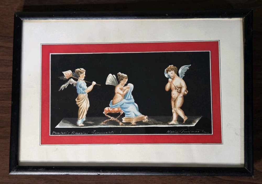 1945 Antique Pompei Cherub Original Painting & Frame Art Italy Maria Graziano
