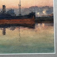 1939 Louis Feuchter Baltimore Maryland Harbor Scene with Masted Steam Ship WPA