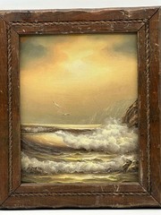 Antique Oil Seascape Painting Signed C. Rownay in Rustic Rope Wood Frame 12.5×10