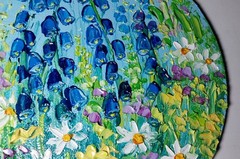 Meadow Flowers Daisies Bells Art Round Canvas 6×6” Impasto Oil Painting Original