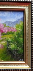 Original Oil Painting Spring Landscape with Sakura Village Road 4 x 4 in