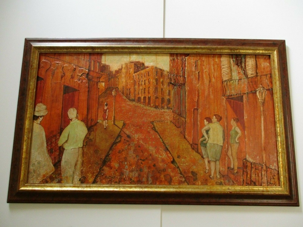 LARGE VINTAGE PAINTING PORTRAIT MODERNIST FRENCH FRANCE URBAN STREET SCENE