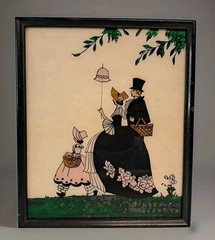 Vtg Art Deco Reverse Foil Painting Victorian Family Apx 11×13 Framed
