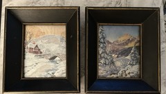 50s Pair Foil Winter Landscape Mountain Snow Scenes, 6×7 In. Franklin Frame Co.