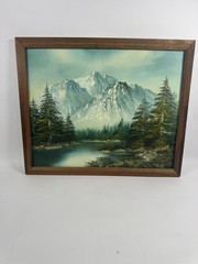 Vintage Original Oil Painting Mountain Lake Forest Impasto Framed 22×19