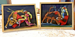 Pair of (2) Vintage Black Velvet bullfighter Matador paintings 15 x 18″ neon