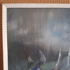 Oil Painting by Charles Obas Haitian 1927-1968 Nocturne Harbor Scene Untitled