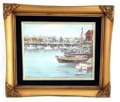 Vtg Oil on Board Painting Boats in the Harbor Signed Sargent? Framed 12″ x 14″ *