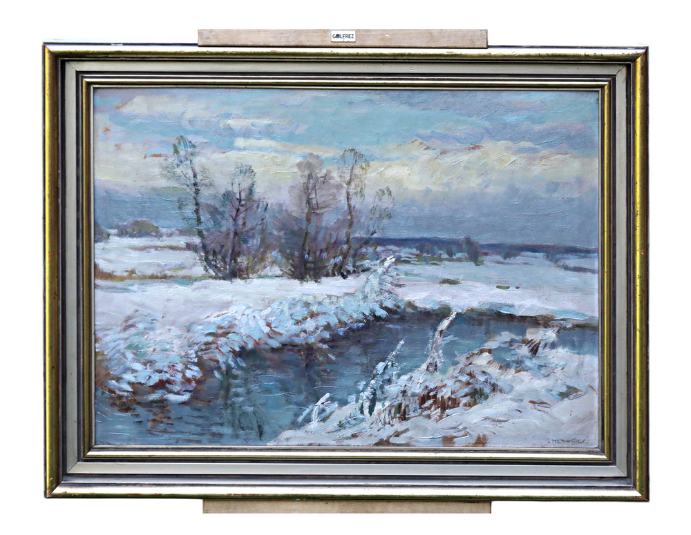 Oil on Cardboard Signed Zdenek Nemastil Winter Landscape River Snow Framed