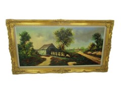 XL Oil Painting Ornate Wood Plaster Frame Sheep Shepherd Gorgeous Frame Signed B