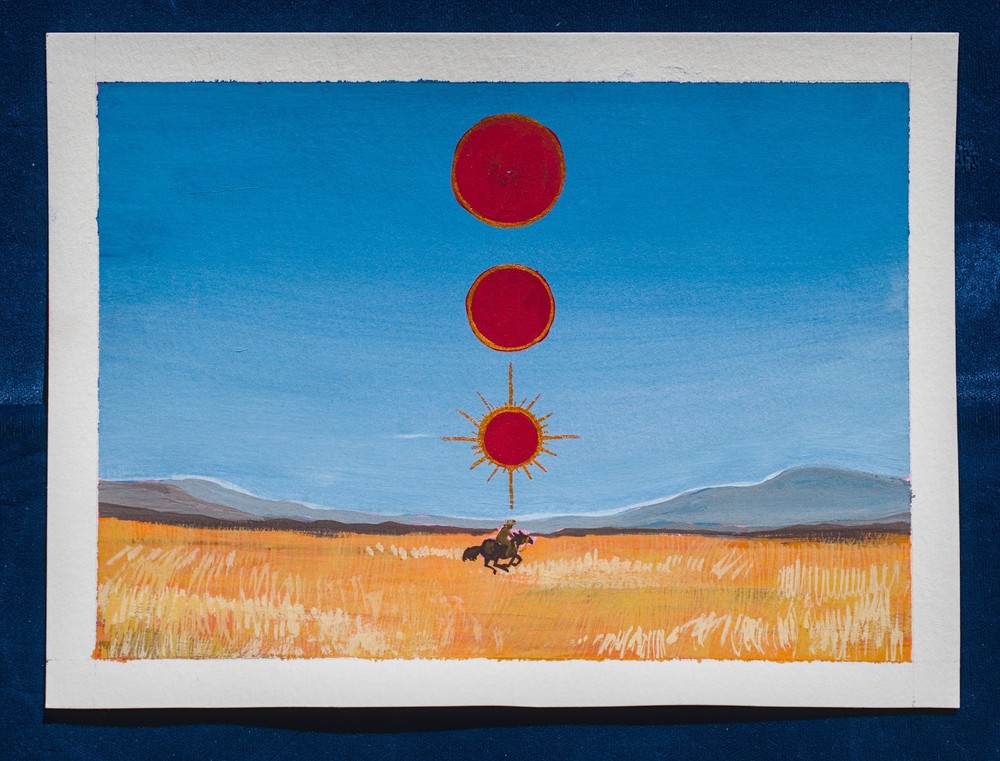Original Painting, Three Fold Suns, Gouache Watercolor 5.5×7.5 by thebeebofiles