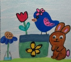 ORIGINAL FOLK ART PAINTING 3×3 MINIATURE BUNNY BIRD FLOWERS COTTAGECORE TINY GAT