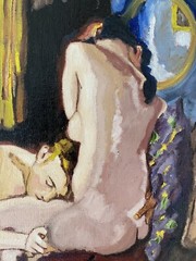 Vintage Russian Erotic Painting after Konstantin Somov Gay Nude Art Deco Oil