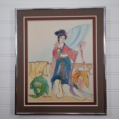 Vintage Signed Original Watercolor Paintings Asian Maiden Set of 2 Framed MCM