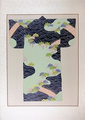 Vintage Oriental Painting on Silk , Japanese Traditional Kimono Illustration