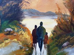 No: 6 Oil Painting Artwork Frame Landscape Forest Lake Sunset People
