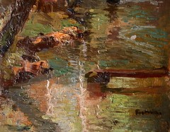 Attilio Pratella (1856-1949) attributed – walker by forest stream.