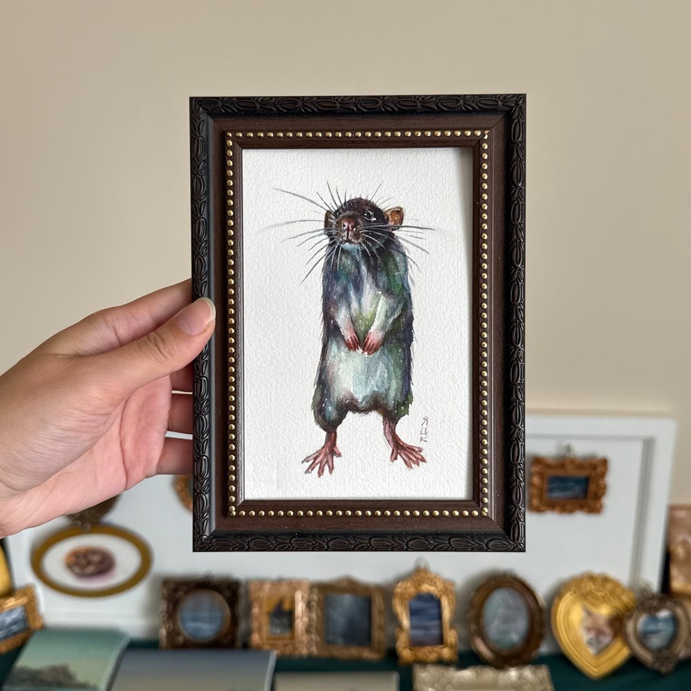 Miniature Rat Portrait Painting Original Watercolor Ornate Framed Animal Art