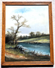 Scenic Vintage Chalk Pastel by DeWitt Cleaned with Acid Free Backing Oak Frame