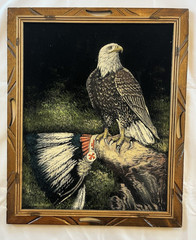 Vintage Black Velvet Oil Painting Bald Eagle Native American Headdress Wall Art