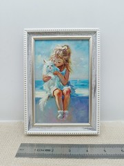 Girl White Cat Original Oil Painting 4×6 Framed Signed Cute Kitten Beach Art