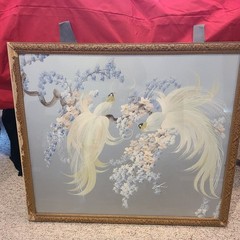 Vintage Signed Oil On Board Birds Of Paradise In Cherry Blossom Tree Framed