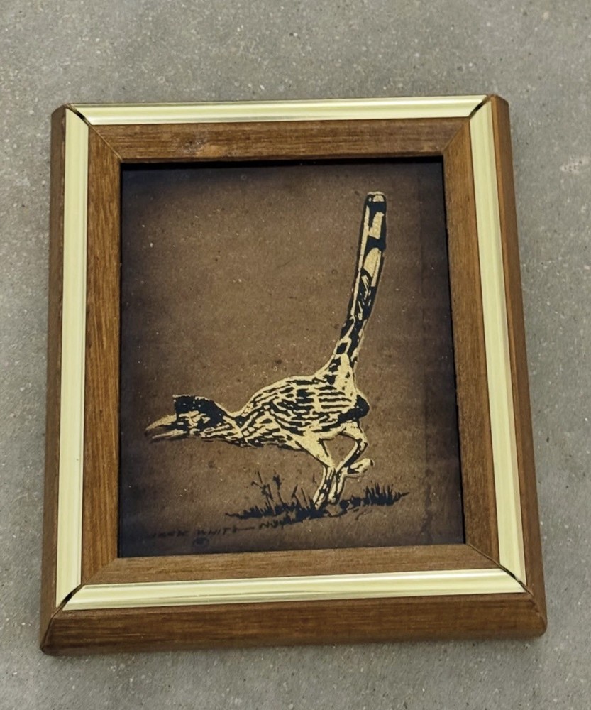 Texas Artist Jack White Signed Echruseos Gold Leaf 1970s Vintage Roadrunner Art