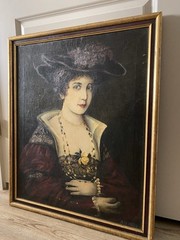 Antique Oil Portrait Lady in Red Dress Hat Pearls Framed Canvas As-Is