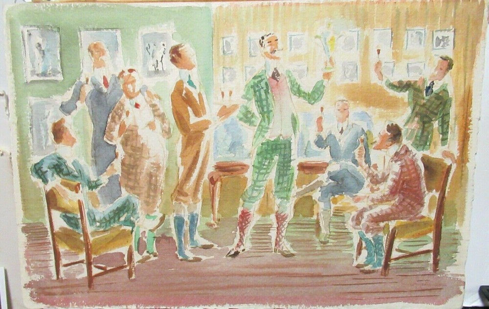 SCHARISE „THE TROPHY REUNION“ ORIGINAL WATERCOLOR GUYS IN ROOM SCENE PAINTING