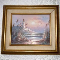 Vintage SEASCAPE sand dunes ocean oil Painting original hand painted lighthouse