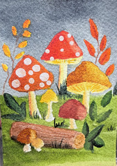 ACEO Original OOAK Signed (Not a Print) „Mushroom Garden“ Fantasy Landscape Art