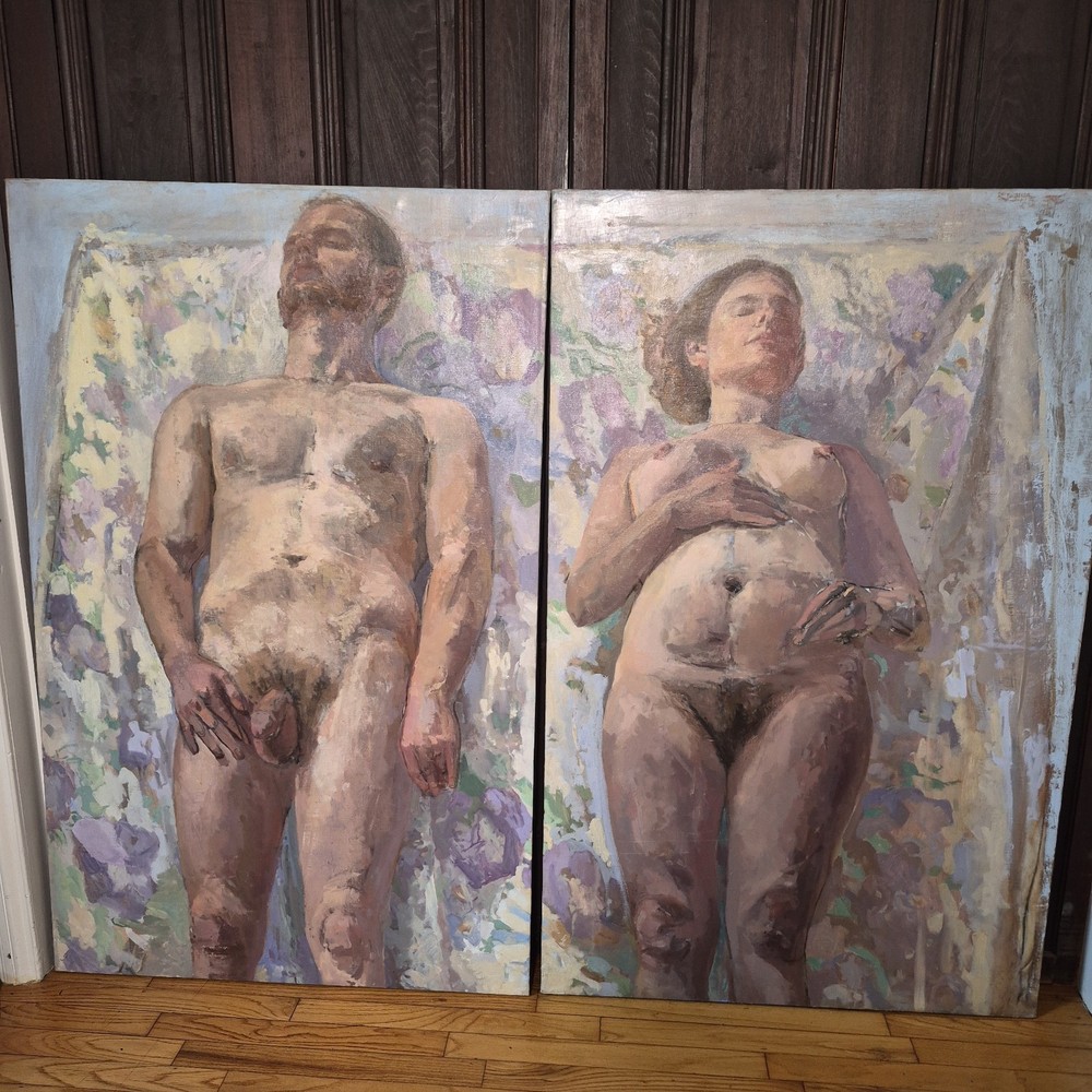 2 Original Contemporary Figurative Matching Oil Paintings Unsigned Nude Couple