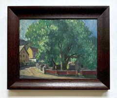 Bedrich Holacek (Czech) -Vintage Village Street Scene w/ Horse-Chestnut Tree
