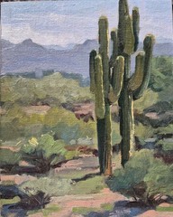 MARIE HUGGIN, Plein Air Saguaro Landscape, Arizona, Orig. Oil / Panel, 8 x 10