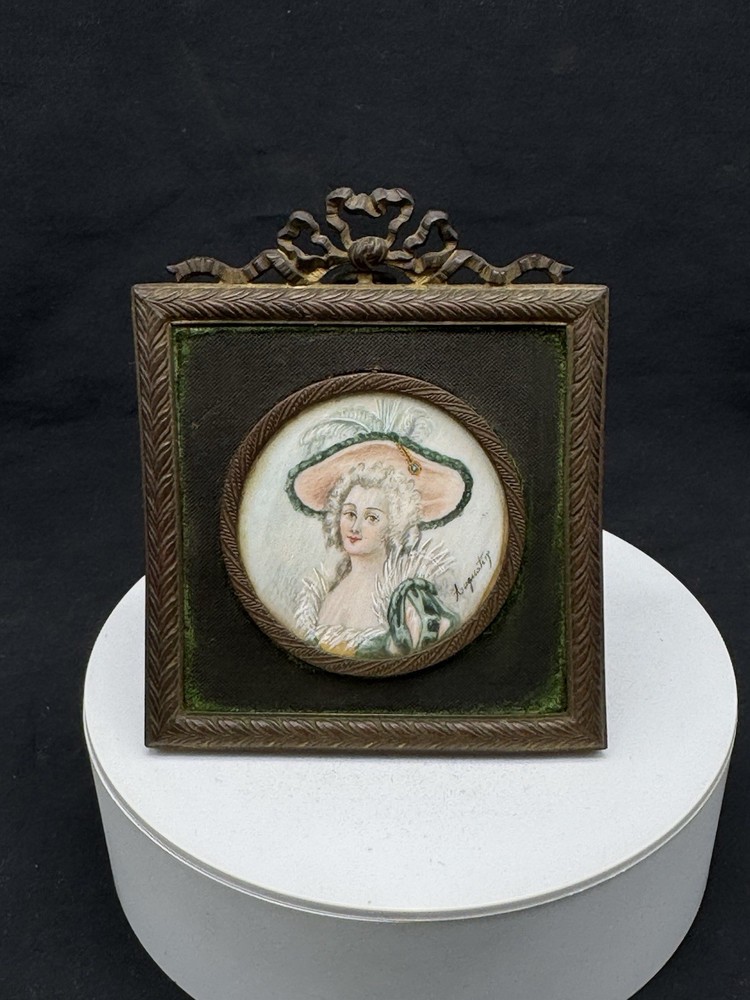 Antique 19th Century Miniature Portrait of a Lady w/ Bronze Frame, Signed