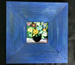 Stained Glass Flowers in Vase Wall Mount Blue Wood Framed 10″ Vintage 80s