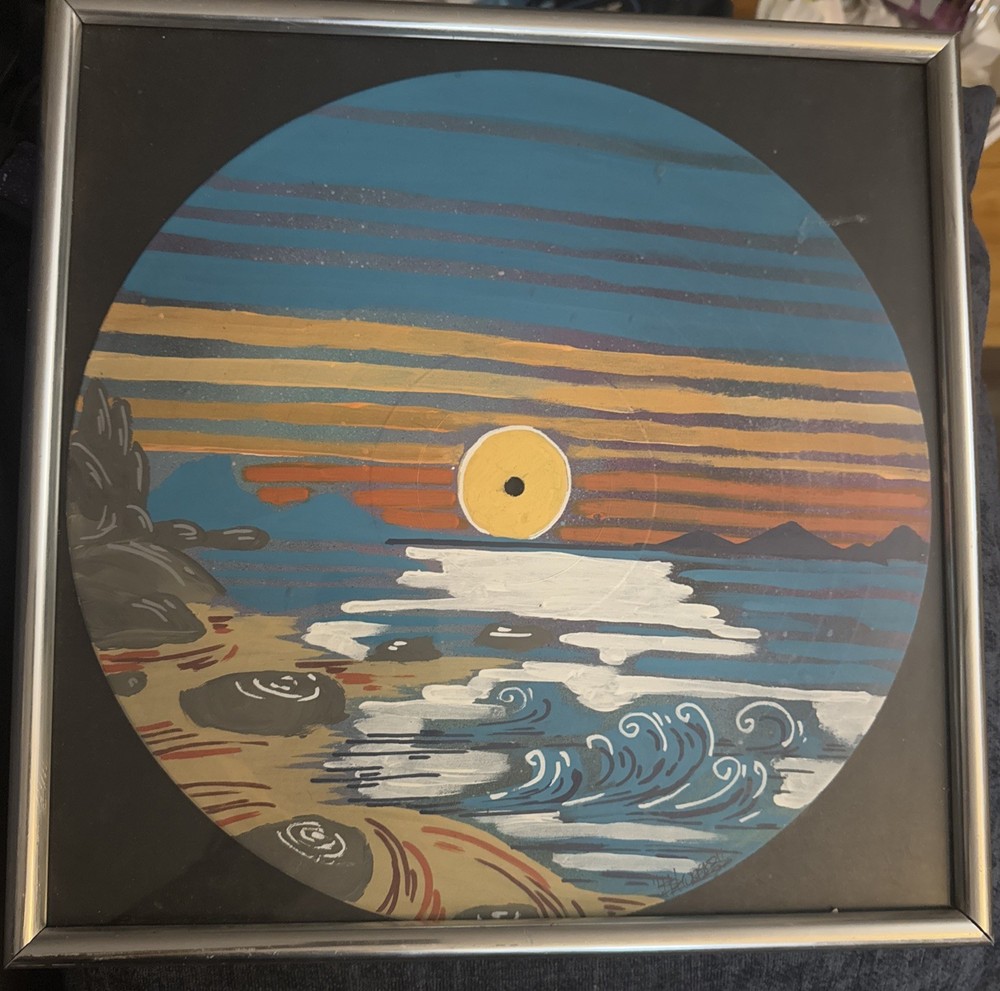 Shortiez Ink Abstract Beach Framed Vinyl Record Hand Painted Decor 13 X 13 Inch