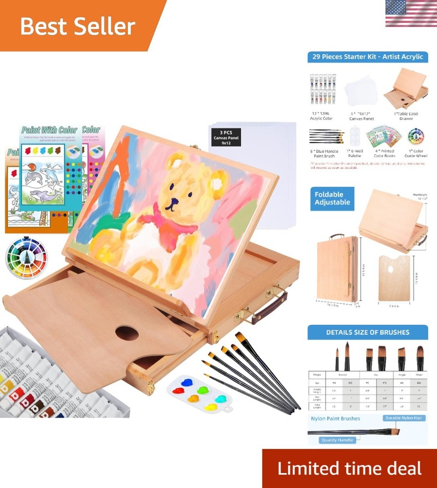 Elegant 29-Piece Acrylic Painting Kit: Beech Easel and Quality Supplies Included