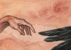 ACEO PRINT OF PAINTING CROW RAVEN RYTA STUDYING MICHELANGELO CREATION OF ADAM