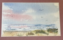 Watercolor Painting Pink Morning at the Beach Matted Framed Mary Cleveland NC