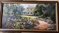 Stunning Marilyn H Dwyer (1931-2001) „Floral Backyard Scene“ Oil Painting-Framed