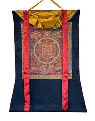 BUDHHA LIFE MANDALA OLD OIL VARNISHED TIBETAN THANGKA PAINTING WITH SILK BORDER
