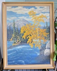 Stunning mountain scape oil painting by listed M. Harragin 31″X40″